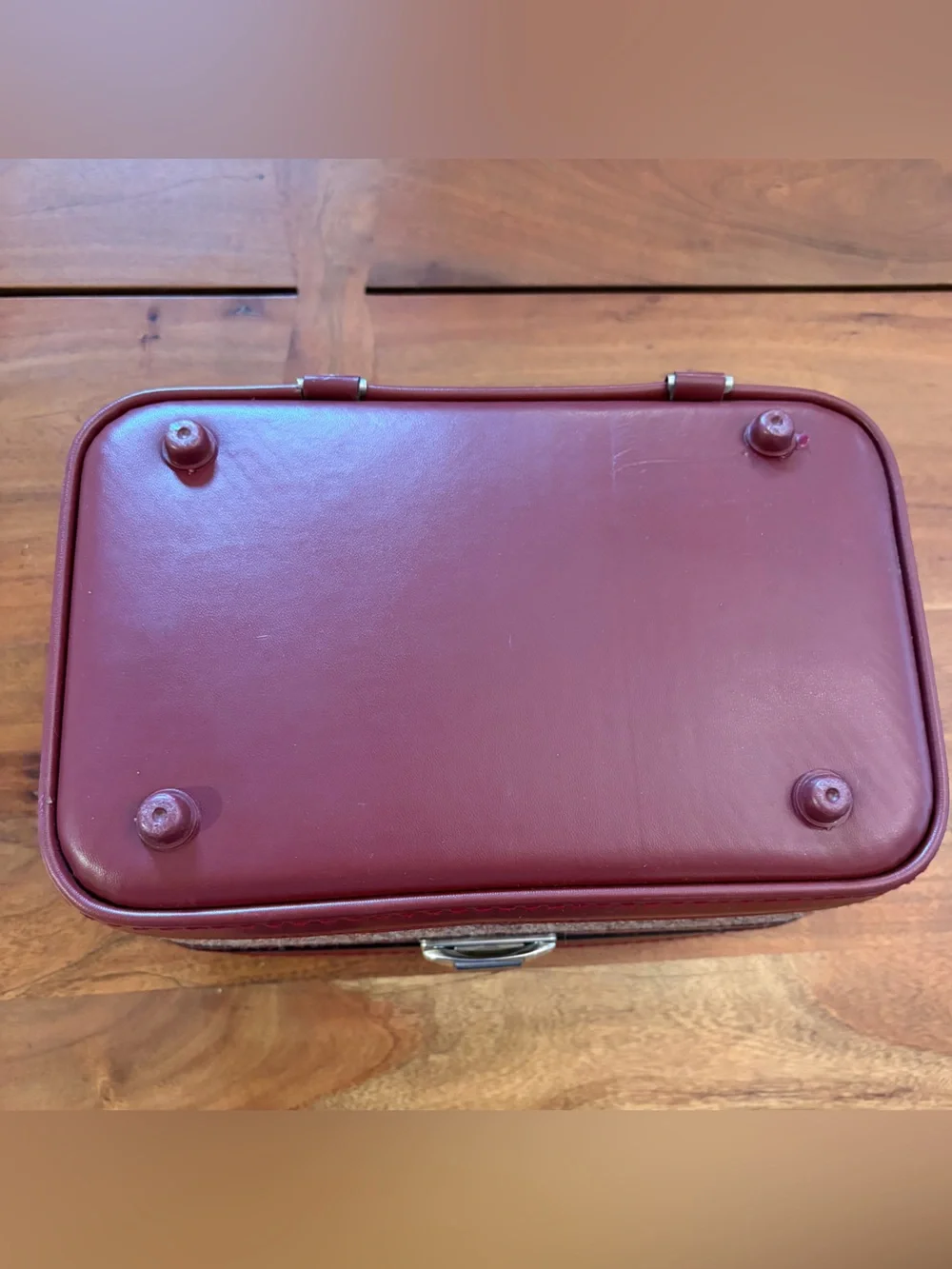 Vintage Tweed & Burgundy Vinyl Train Case Makeup Vanity Travel Box with Tray MCM